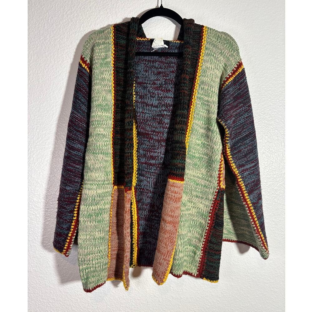 Vintage 70s Hudson's Size M Color Block Patchwork Knit Artsy Unique Cardigan